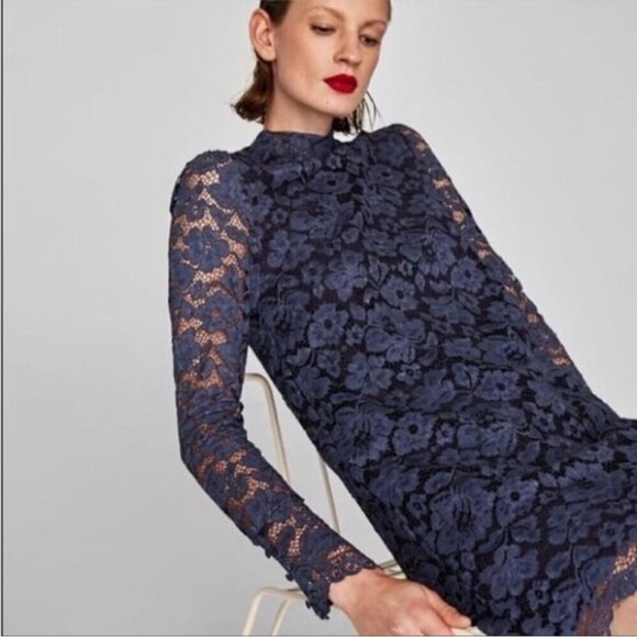 NEW Zara Faded Blue Long Sleeve Lace Mini Dress Romantic Style Size Medium - Picture 1 of 16